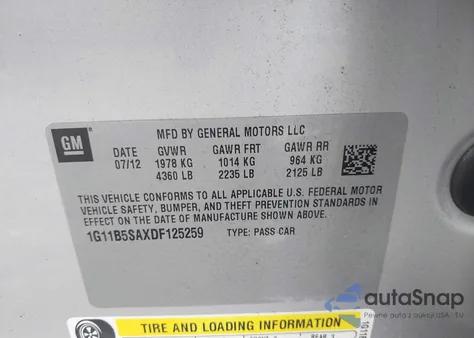 2013 Chevrolet Malibu 1Ls z USA, uszkodzony, nr VIN 1G11B5SAXDF125259